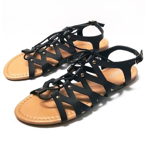 New Black Strappy Lace Up Gladiator Flat Sandals - Picture 1 of 1